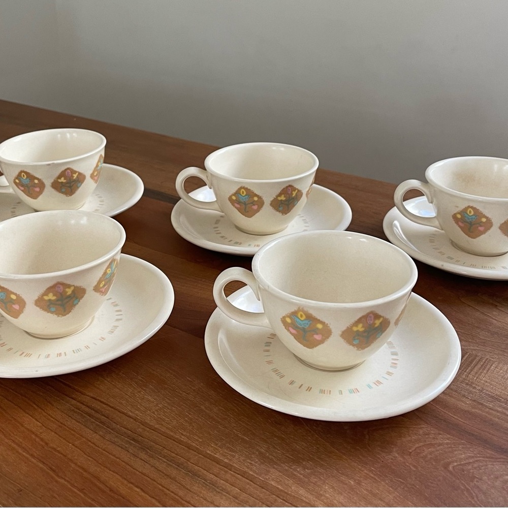 Set of Five Vintage Vernon Kilns Ware Stoneware Cups and Saucers Floral MCM